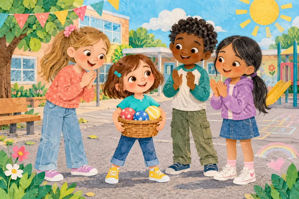 אנה הקטנה מחייכת ומרימה סל כדורים בחצר בית הספר, וחבריה הגבוהים ממנה מעודדים אותה