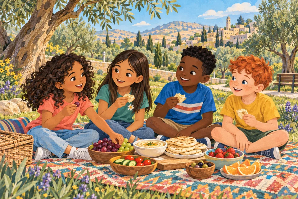 ארבעה ילדים מרקעים שונים חולקים פיקניק בפארק ירוק בישראל