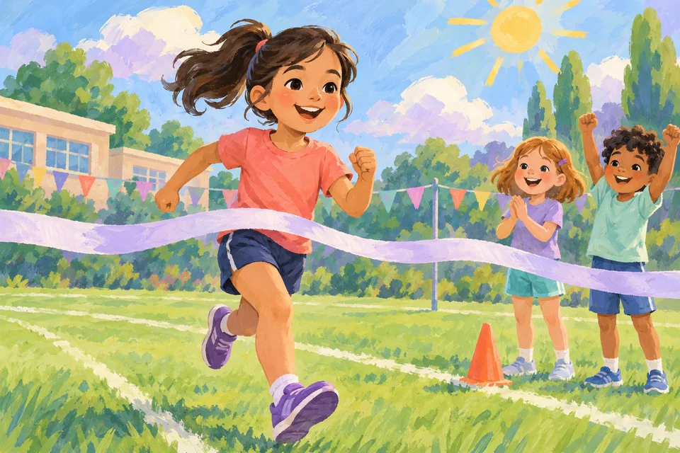 מיה רצה בשמחה אל קו הסיום במגרש הספורט, ושני חברים מעודדים אותה מהצד