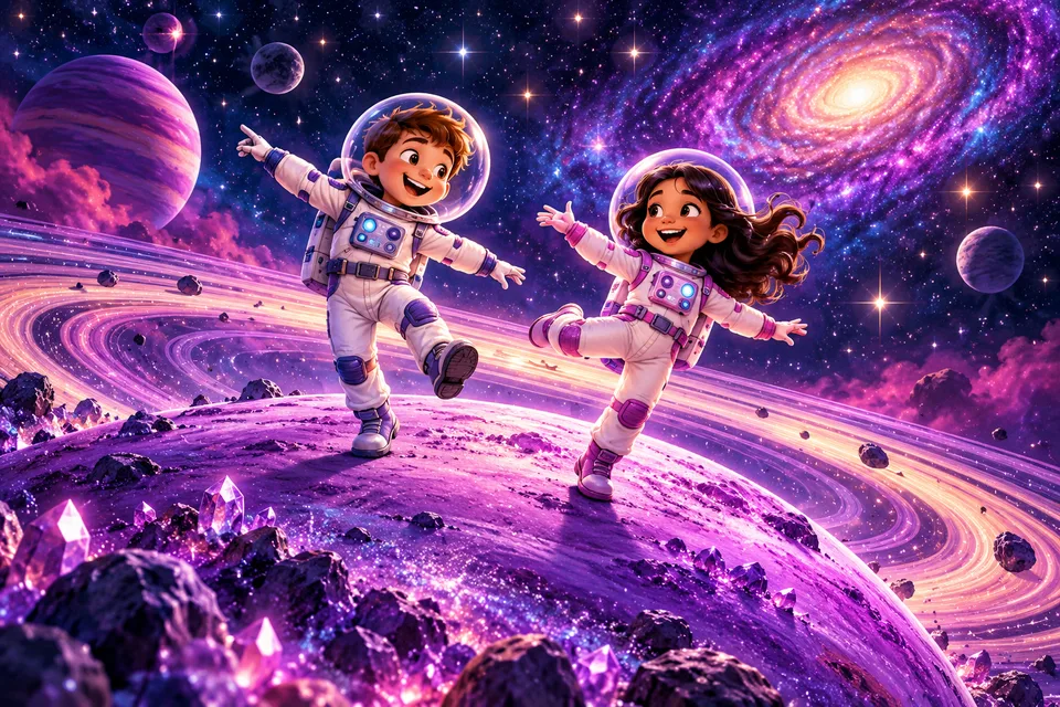 ילדים אסטרונאוטים רוקדים על כוכב סגול עם טבעות